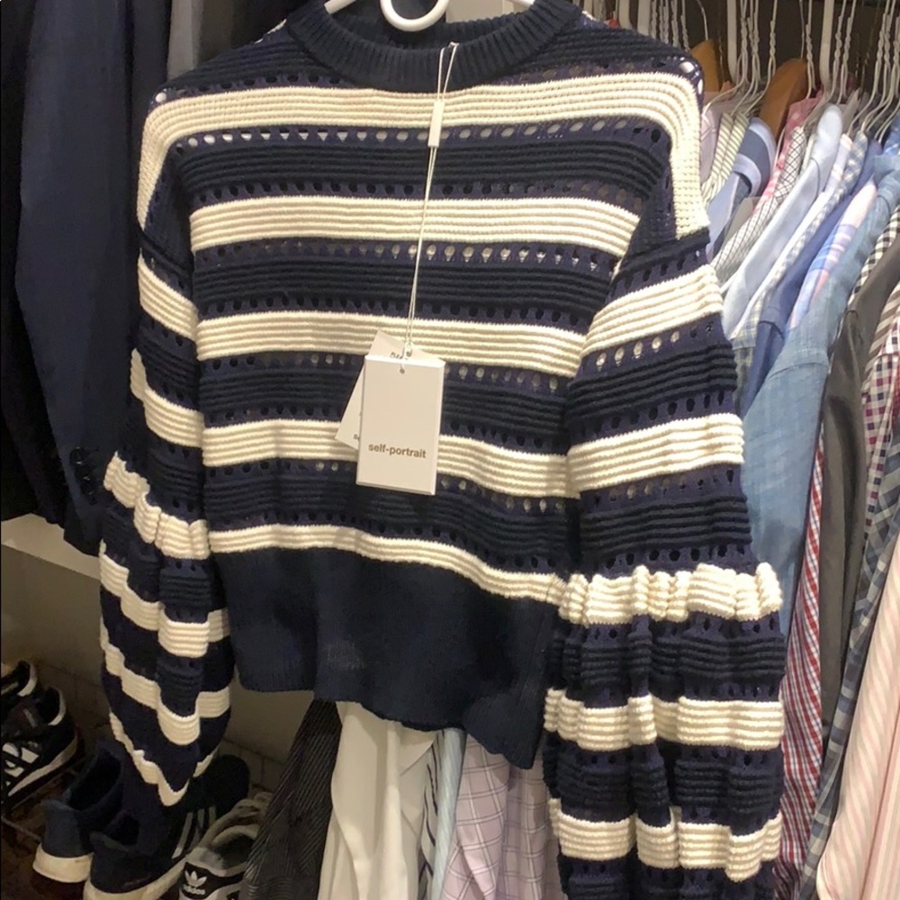 Self-portrait balloon sleeve sweater in navy/white